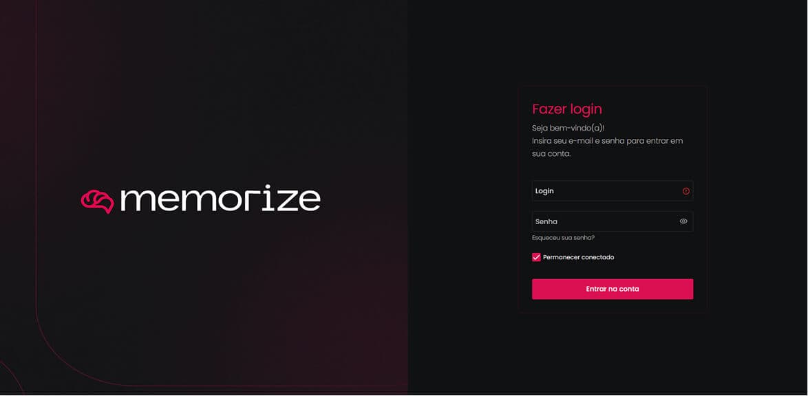 Plataforma Memorize — tela de login com identidade visual escura
