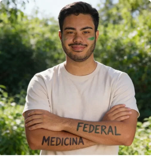 Aluno sorrindo com 'Medicina Federal' nos braços