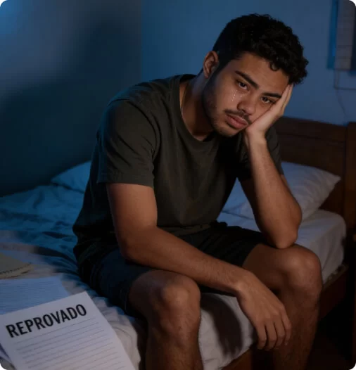 Aluno cansado, papel reprovado na cama