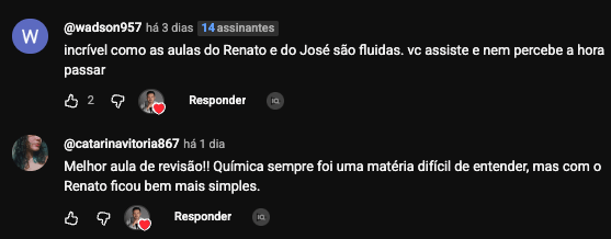 Comentários no YouTube: @wadson957 e @catarinavitoria867 sobre as lives do Renato