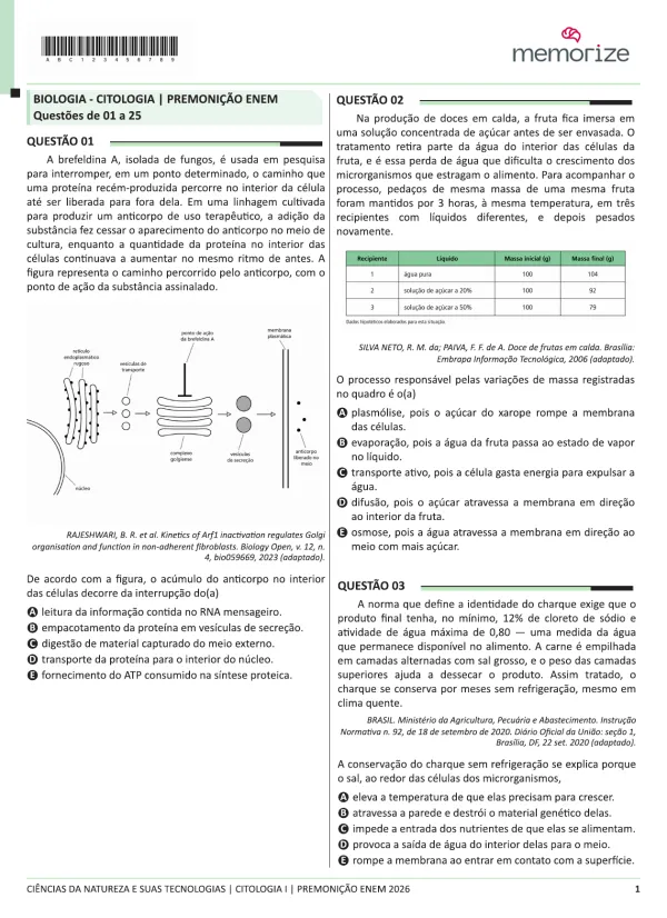 Página de Biologia com questões autorais sobre transporte de proteínas na célula