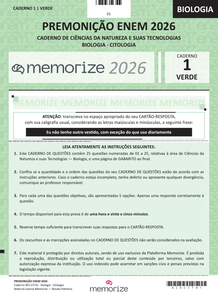Capa do caderno de Biologia · Citologia do Premonição ENEM 2026