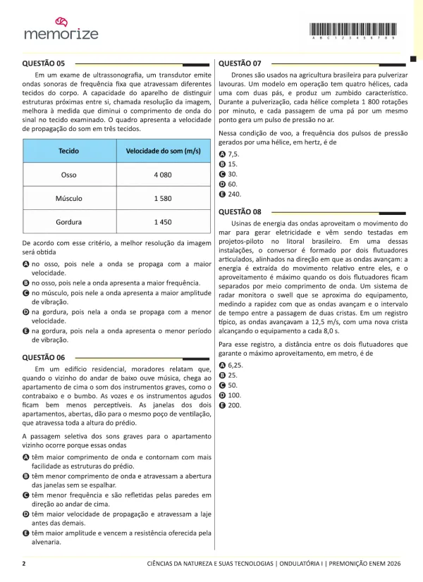 Página de Física com questão autoral sobre velocidade do som em tecidos