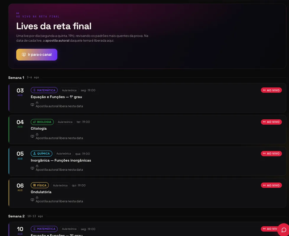 Lives da reta final — plataforma Premonição ENEM