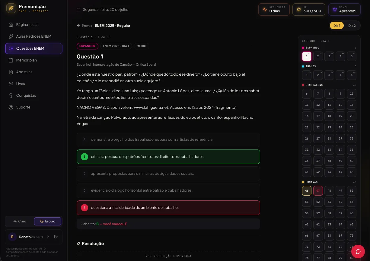 Questão + gabarito na hora — plataforma Premonição ENEM